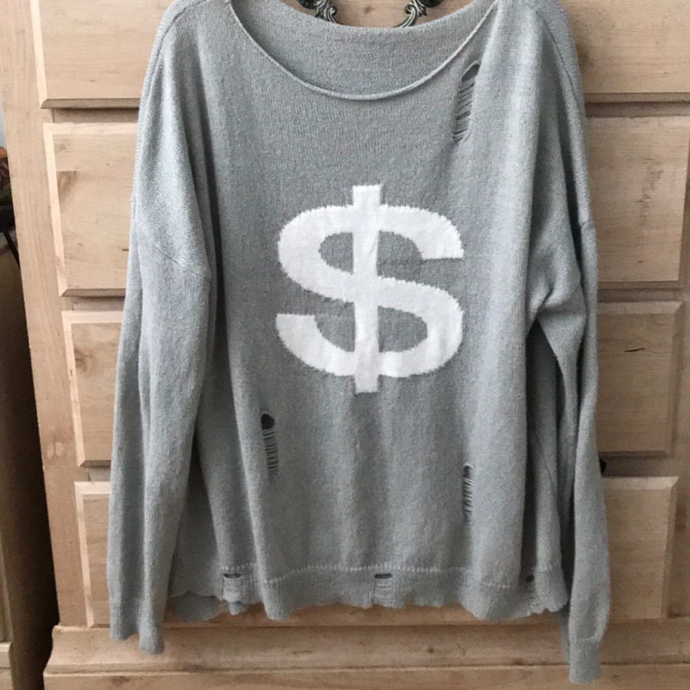 Distressed oversized money sign sweater sz large
